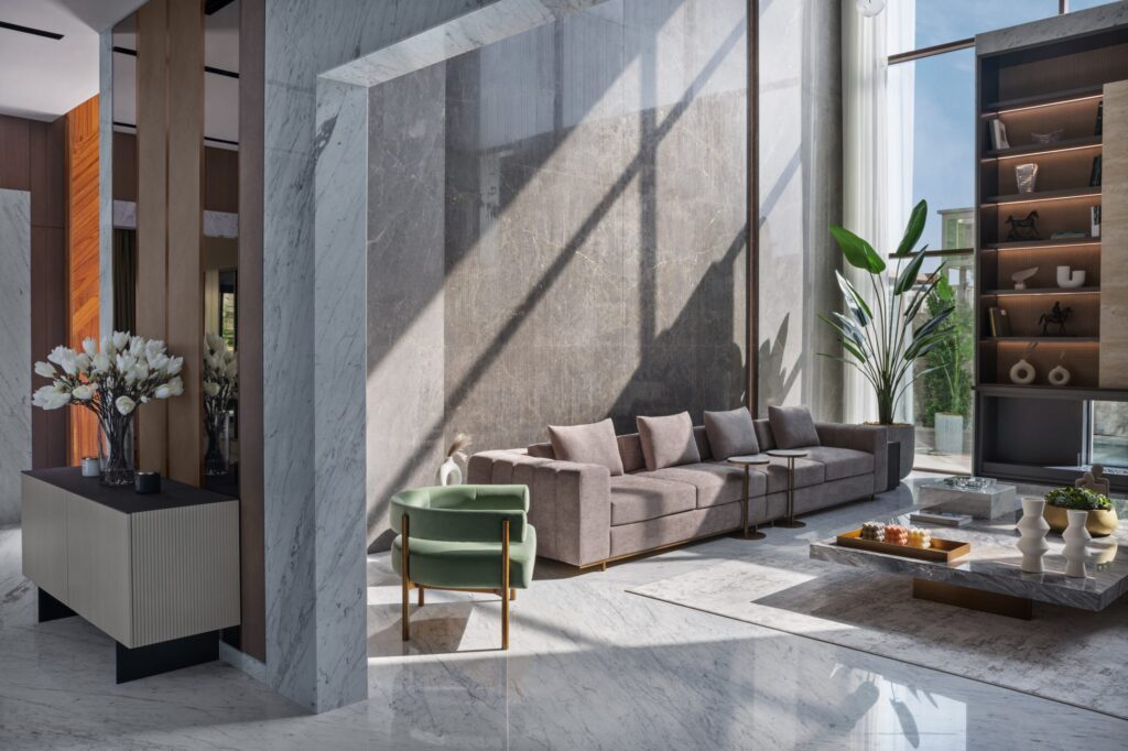 Villa K, Meydan, Dubai — double-height living room in white marble and grey stone with walnut shelving