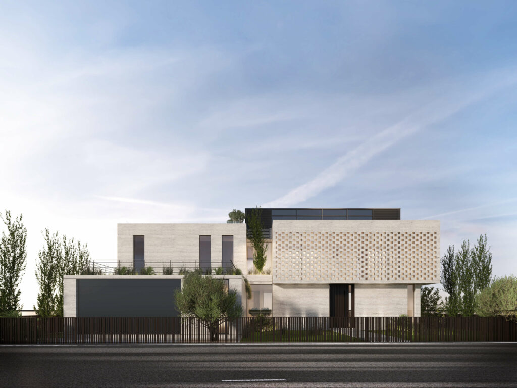 FK Villa, Dubai — street facade with travertine volumes and a perforated brick screen, by IAIA