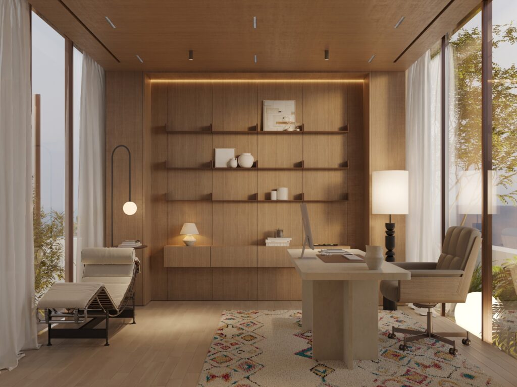 Home office in Silent House, Dubai: oak-panelled walls with open shelves, a stone desk and full-height glazing onto planting. Interior design by IAIA.
