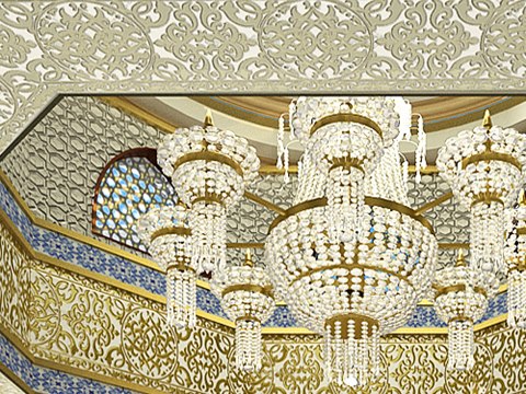 222 | Ibn Al Jazari Mosque material palette — Crystal chandelier & gilt coffer