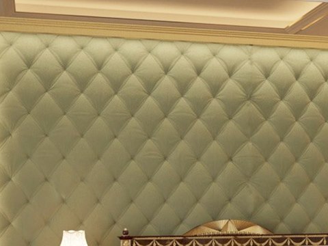 241 | Private Villa Sharjah material palette — Tufted sage upholstery