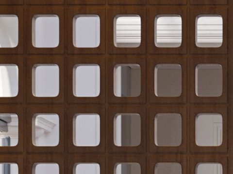 B&H Residence material palette — Walnut lattice