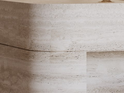 City Walk Apartment material palette — Vein-cut travertine