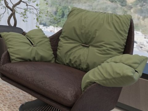 Contemporary Residence material palette — Olive cushions & leather