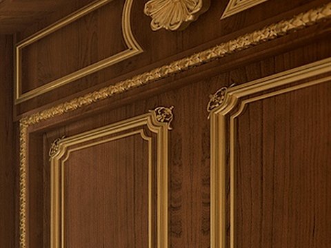 DF Private Residence material palette — Carved walnut & gilt