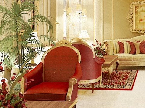 DF Private Residence material palette — Red velvet & gilt