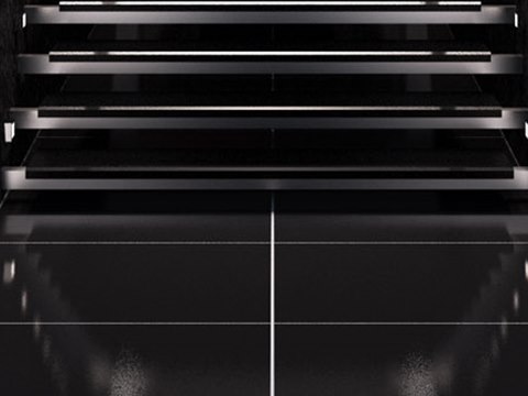 C12 | French Restaurant material palette — Black glass & lit treads