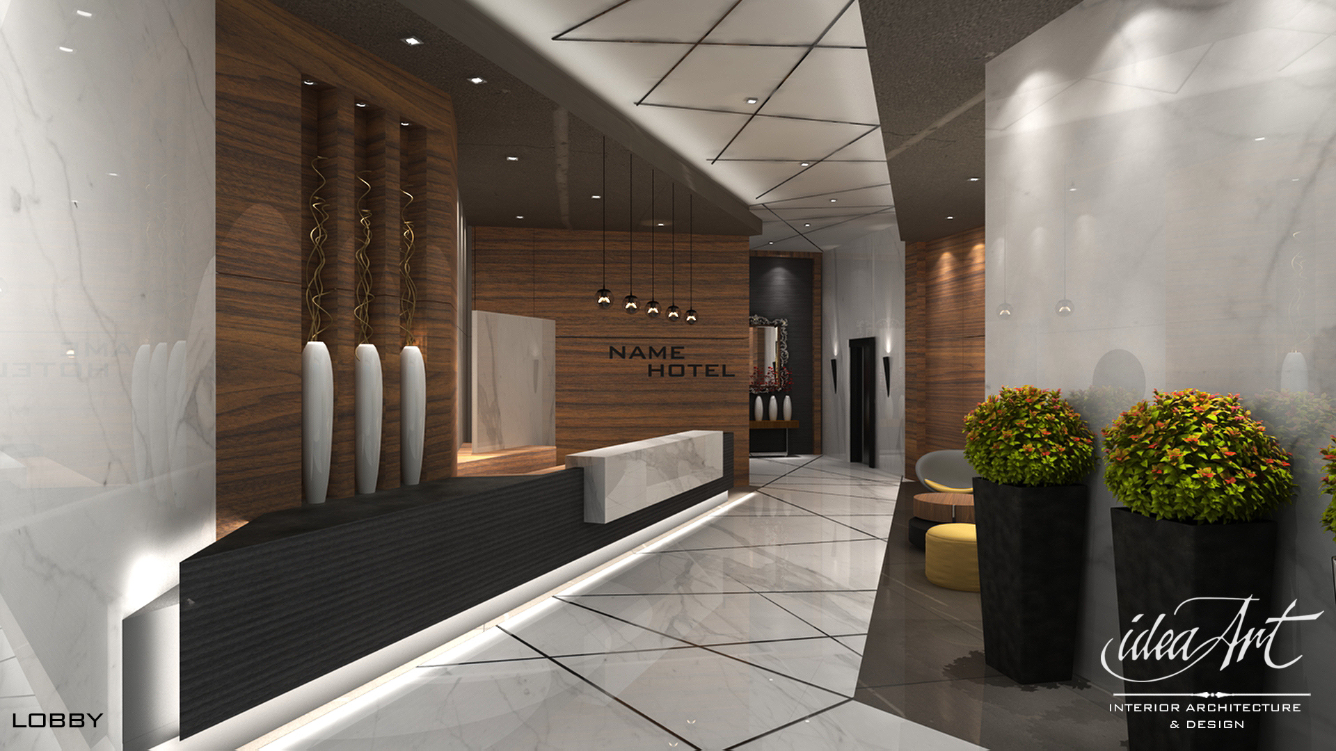 Hotel Lobby — reception. Hotel interior design by IAIA.