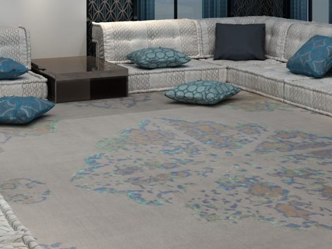 234 | Private Residence material palette — Blue-grey patterned rug