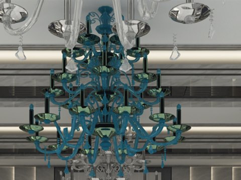 NAS Residence material palette — Blue glass chandelier