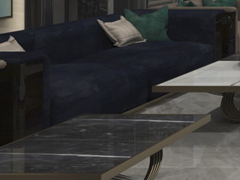 NAS Residence material palette — Navy velvet & black marble