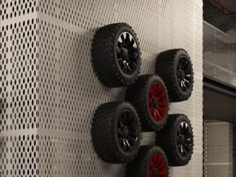 RAMY 4x4 | Car Parts Showroom material palette — Perforated white steel