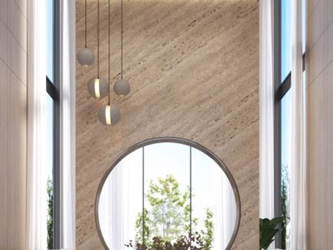 U32 | The Wisdom House material palette — Travertine moon gate