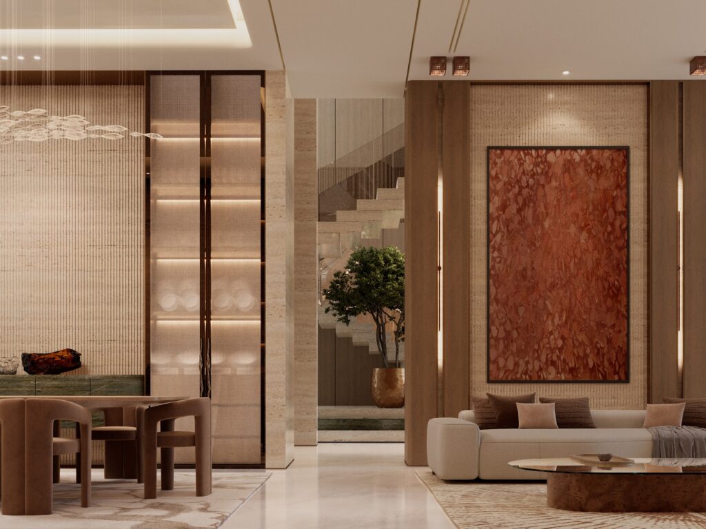 Villa Sira, Jubail Island, Abu Dhabi — living and dining with fluted travertine, walnut panels and a red stone feature wall