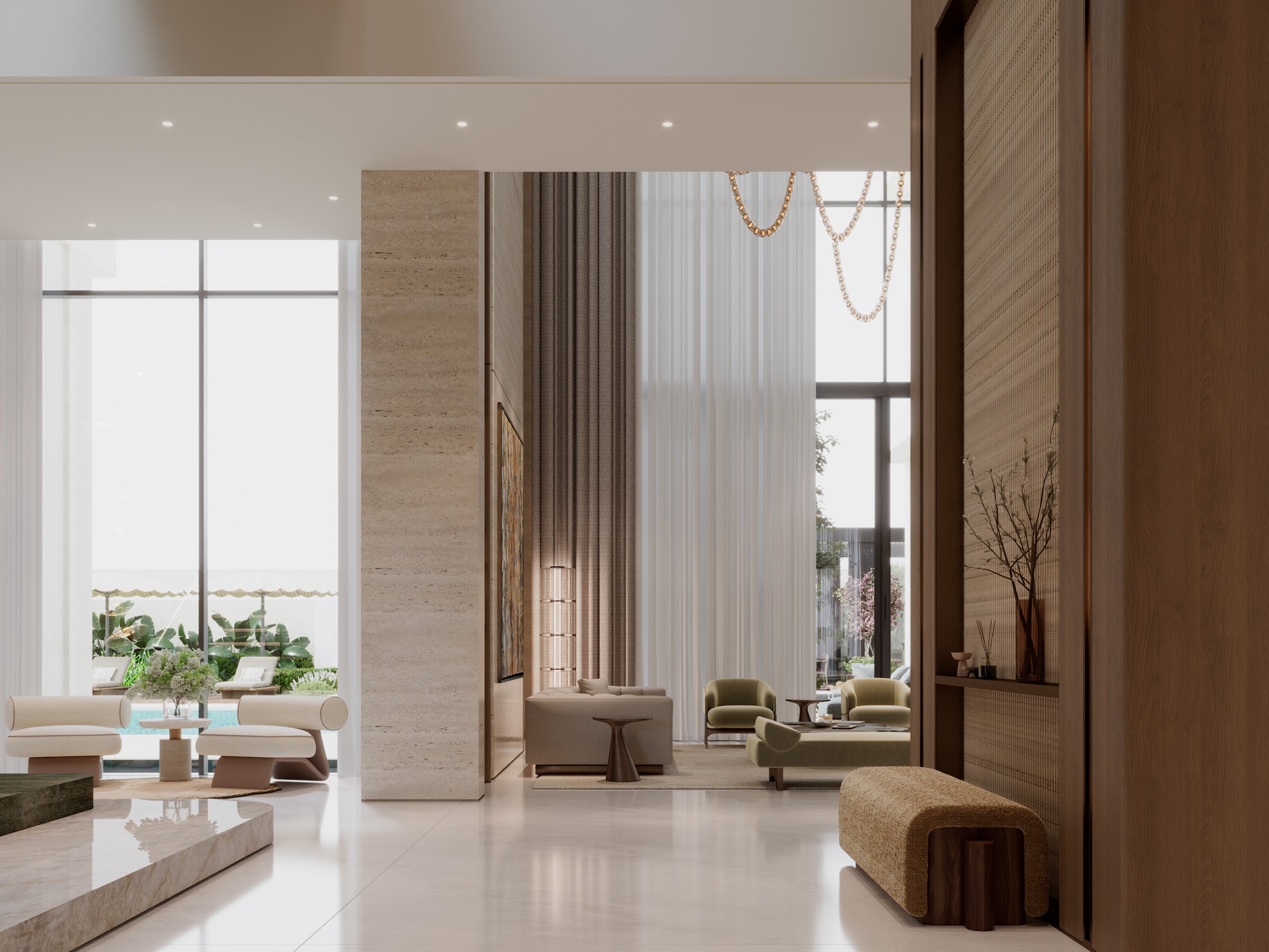 Villa Sira, Jubail Island — Entrance hall with travertine columns and double-height glazing