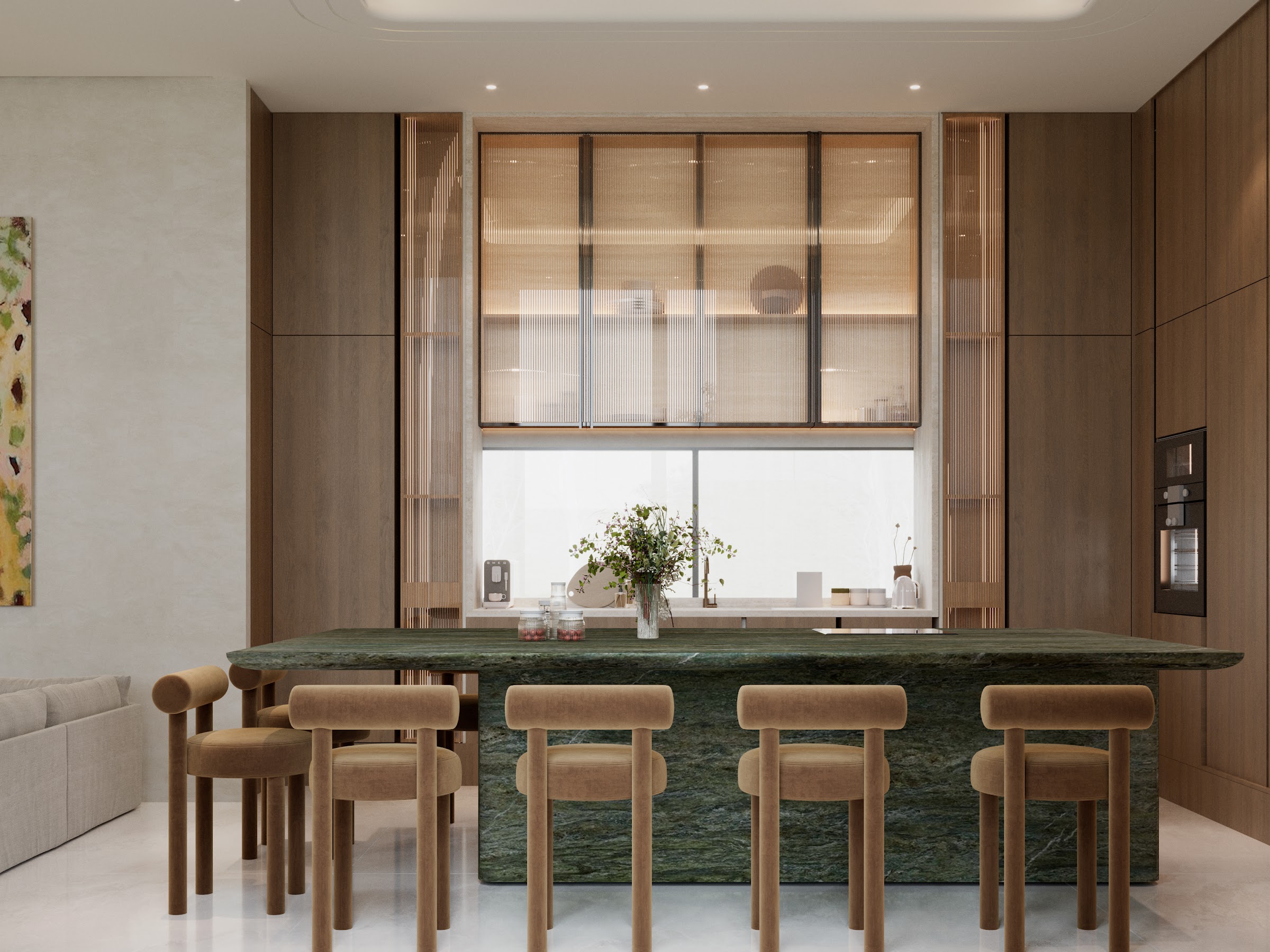 Villa Sira, Jubail Island — Kitchen with green marble island and fluted-glass cabinets