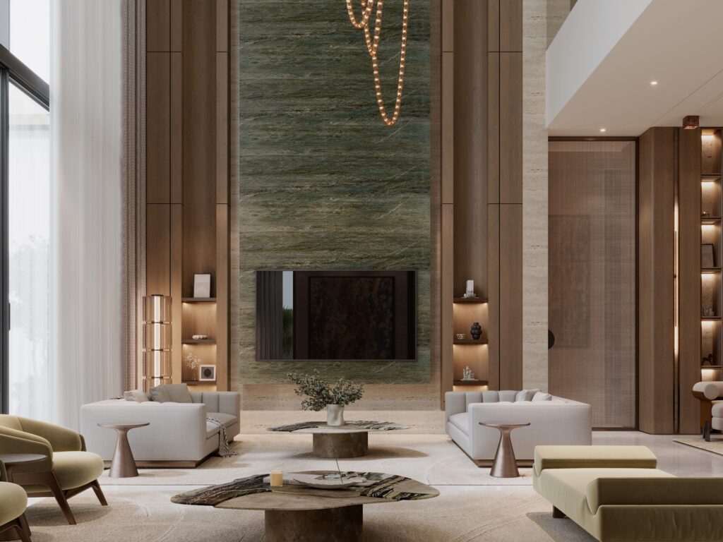 Villa Sira, Jubail Island — Double-height main living with green marble feature wall