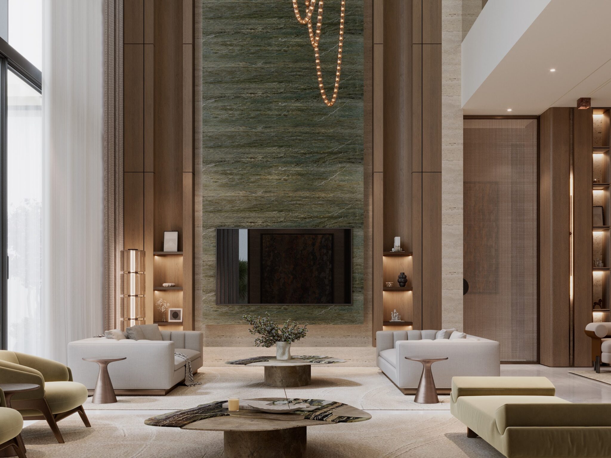 Villa Sira, Jubail Island — Double-height main living with green marble feature wall