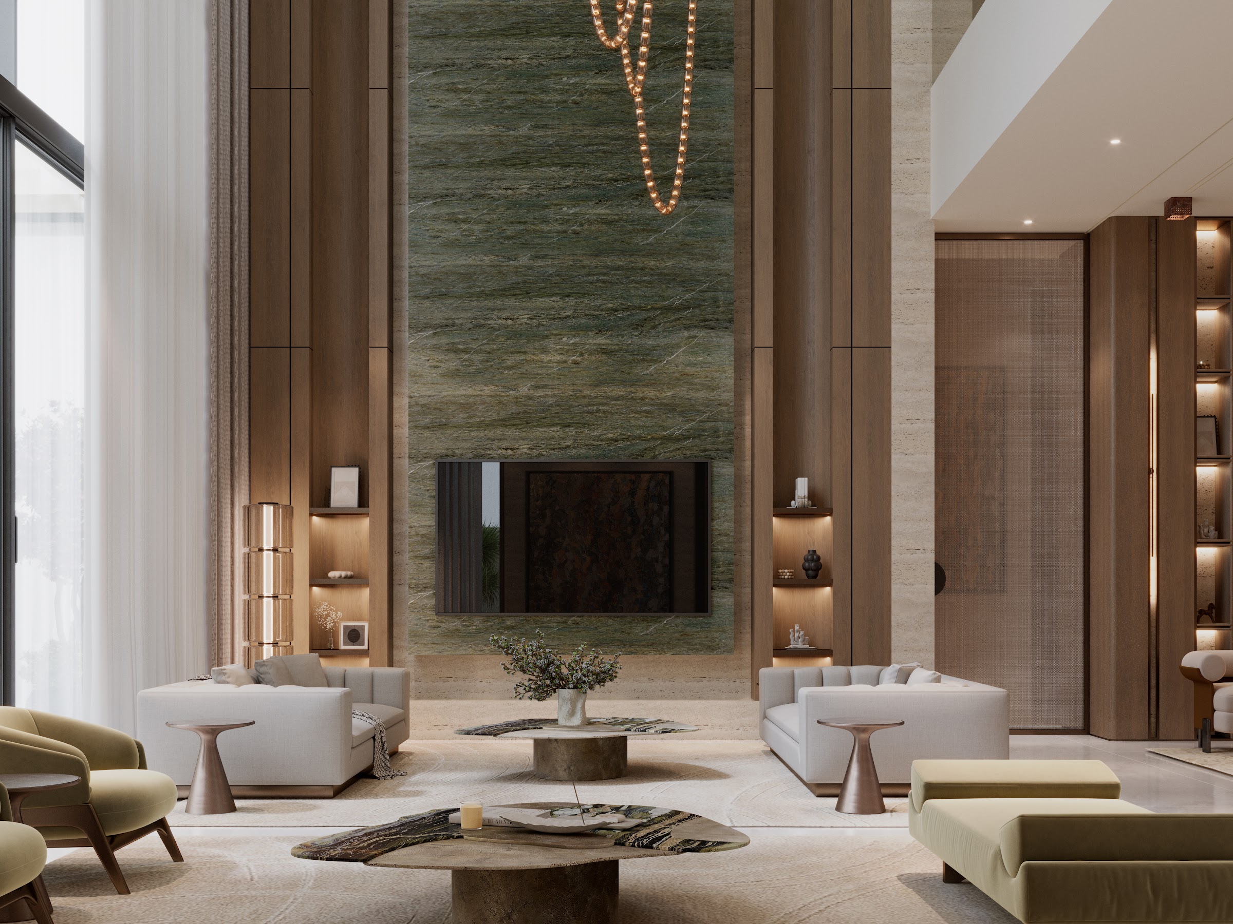 Villa Sira, Jubail Island — Double-height main living with green marble feature wall