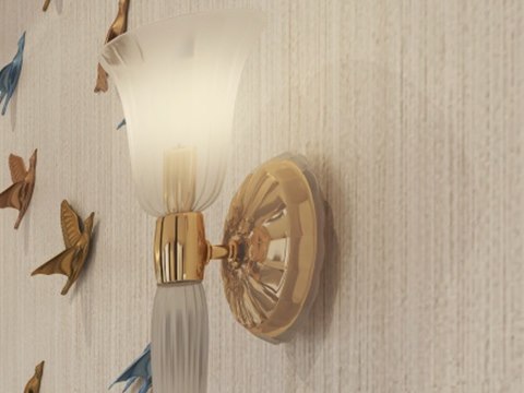WBK Penthouse material palette — Gilded birds & brass sconce